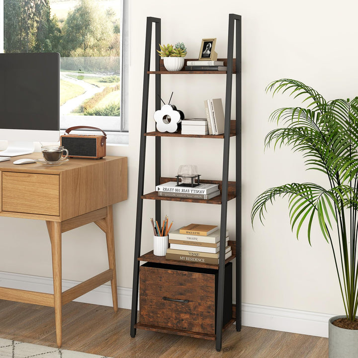 Giantex 5-Tier Industrial Ladder Bookshelf with Removable Fabric Drawer (1/2)