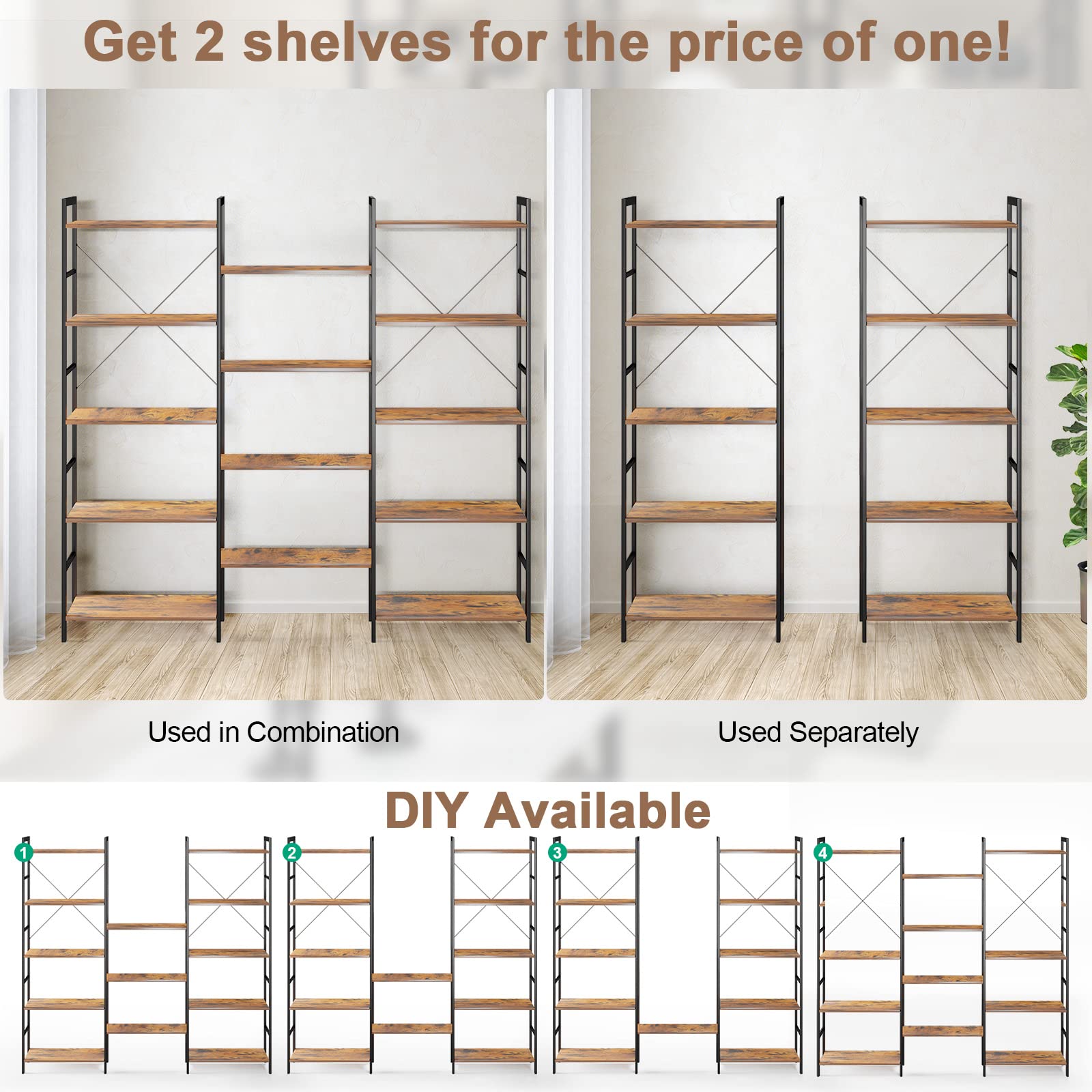 Giantex Triple 5-Tier Industrial Bookshelf- Freestanding Metal Frame Ladder Bookcase with 14 Open Shelves