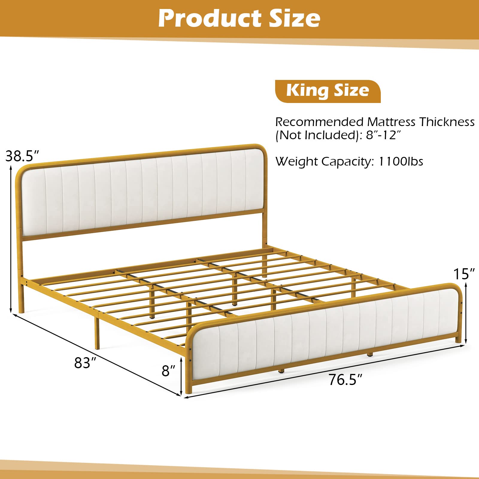 Giantex Twin Size Gold Bed Frame with Velvet Headboard and Footboard, Heavy-duty Metal Slats Support Mattress Foundation