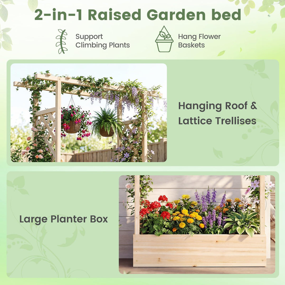 Giantex Wooden Raised Garden Bed with Trellis & Hanging Roof