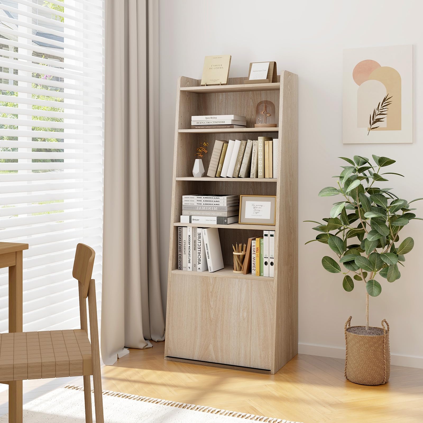 Giantex 6-Tier Bookcase, Freestanding Ladder Bookshelf with 2 Adjustable Shelves & Flip Up Door
