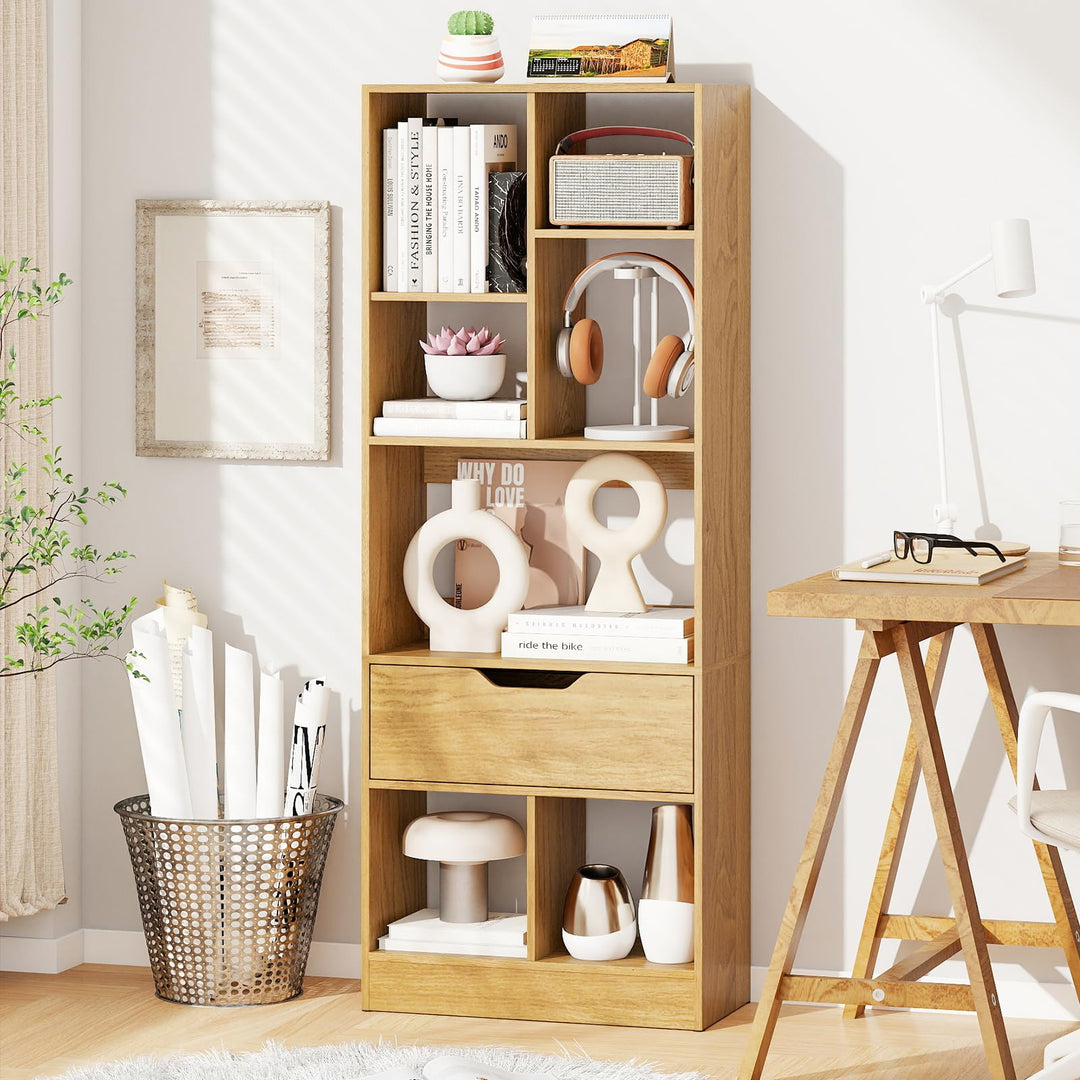 Giantex Bookcase with Drawer 51" Tall Freestanding Storage Organizer（6-Tier)