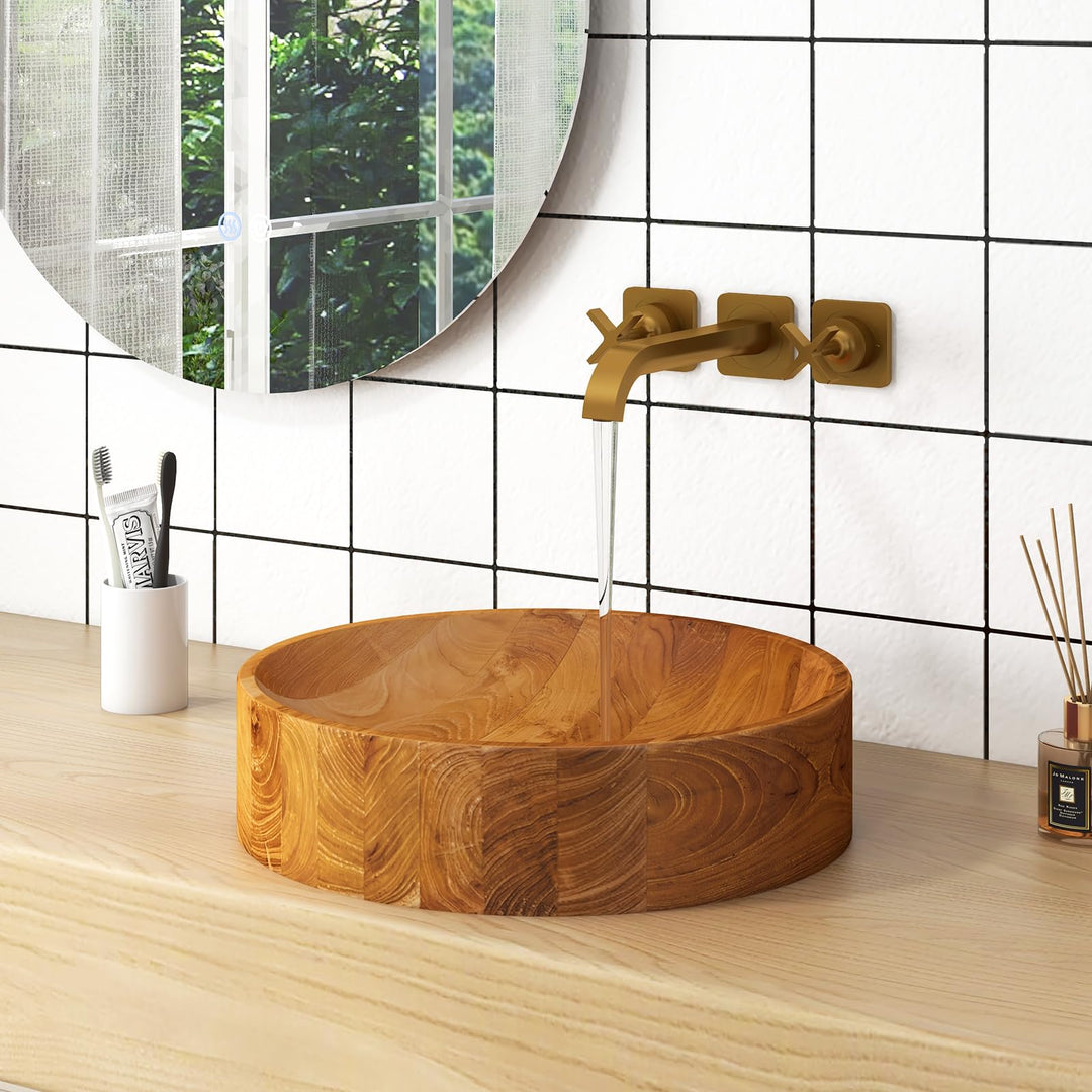 Giantex Teak Wood Vessel Sink - Bathroom Washbasin with Smooth Finish, 2.5” Drain Hole for 1 5/8" Drainage (16” x 16” x 4”)