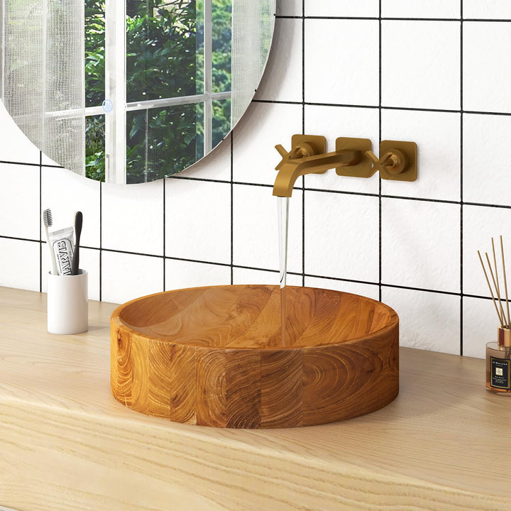 Giantex Teak Wood Vessel Sink - Bathroom Washbasin with Smooth Finish, 2.5” Drain Hole for 1 5/8" Drainage (16” x 16” x 4”)