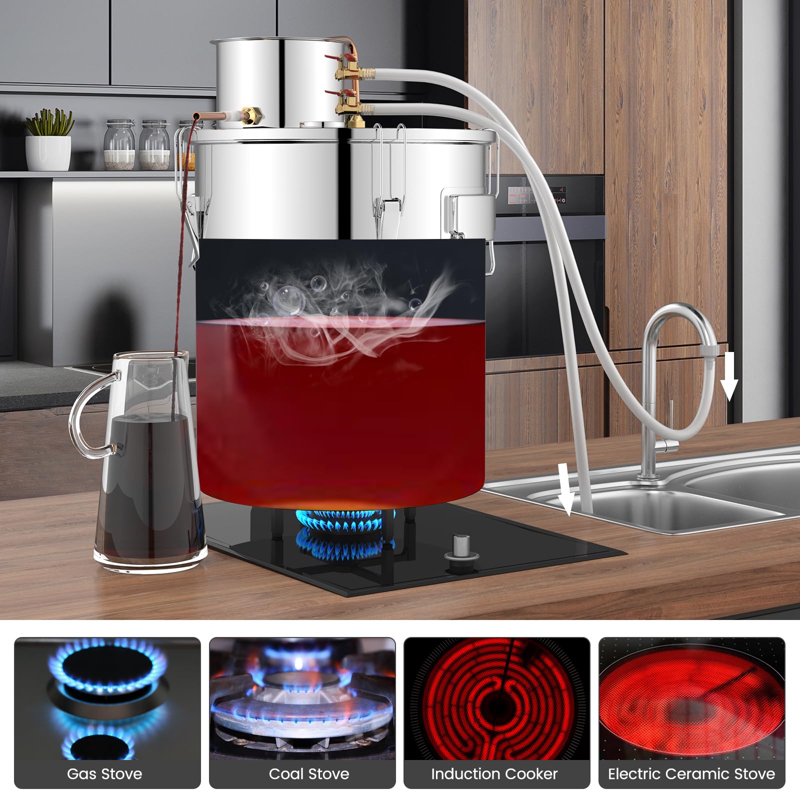 Giantex 5 or 10 Gal Alcohol Still,2 Pots Stainless Steel Alcohol Still, Multi-purpose Home Brewing Kit for DIY Whiskey, Brandy, Beer, Silver