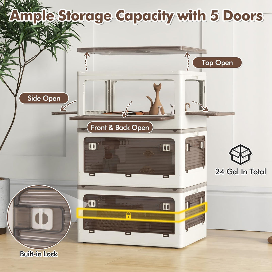Giantex Storage Bins with Lids and Hidden Wheels, 3/6 Pack Stackable Collapsible Storage Boxes with 5 Opening Doors
