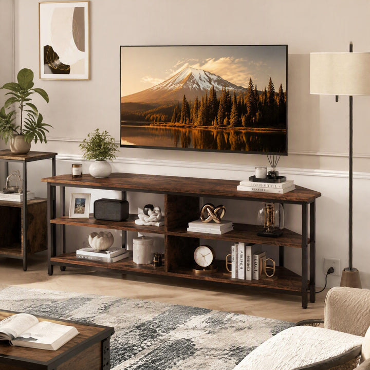 GIANTEX Corner TV Stand for 65 Inch TV with Power Outlets &amp; 4 Open Storage Compartments