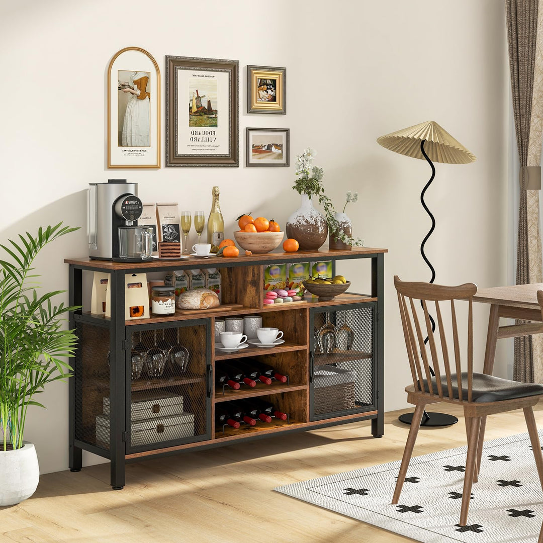 Giantex Coffee Bar Cabinet for Liquor and Glasses, 55” Buffet Sideboard with 8-Bottle Wine Racks, 6 Rows of Wine Glass Holders