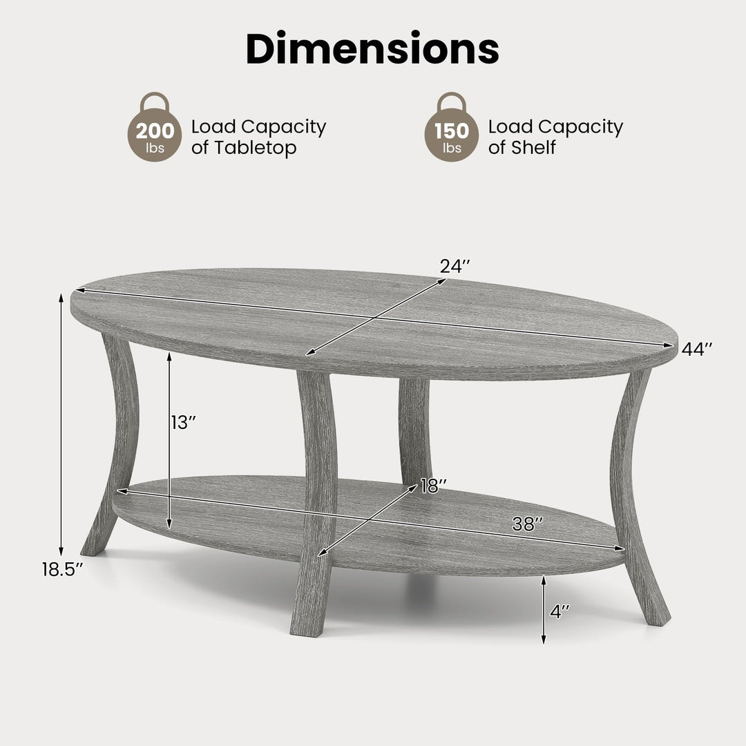 Giantex 44 Inch Oval Coffee Table 2-Tier Center Table with Storage Shelf & Rubber Wood Frame