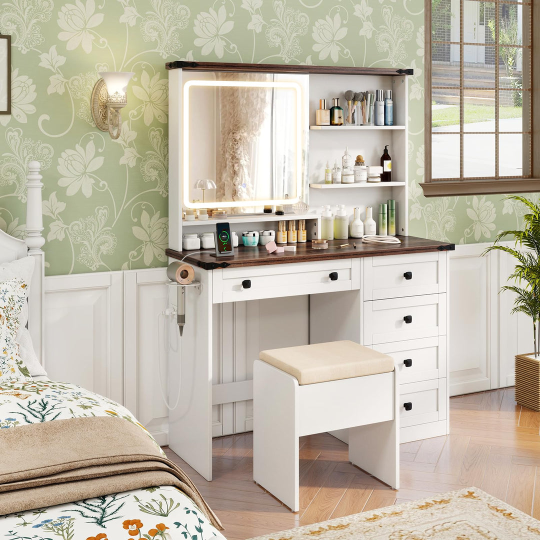 CHARMAID Vanity Desk with Mirror and Lights, Farmhouse Makeup Vanity Desk with 5 Drawers, 3 Shelves
