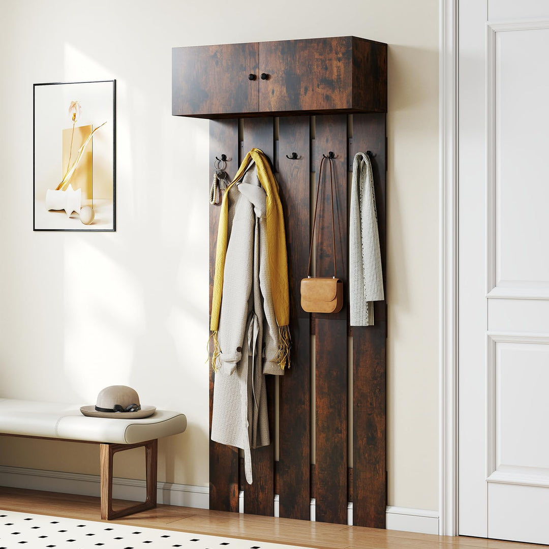 Giantex Wall Mounted Coat Rack 2-in 1 Hall Tree w/ 5 Double Hooks & 2-Door Cabinet