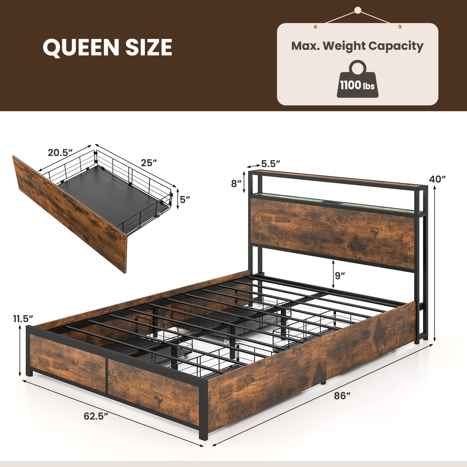 Queen/Full Bed Frame with LED Lights Headboard and 4 Storage Drawers - Guiantex