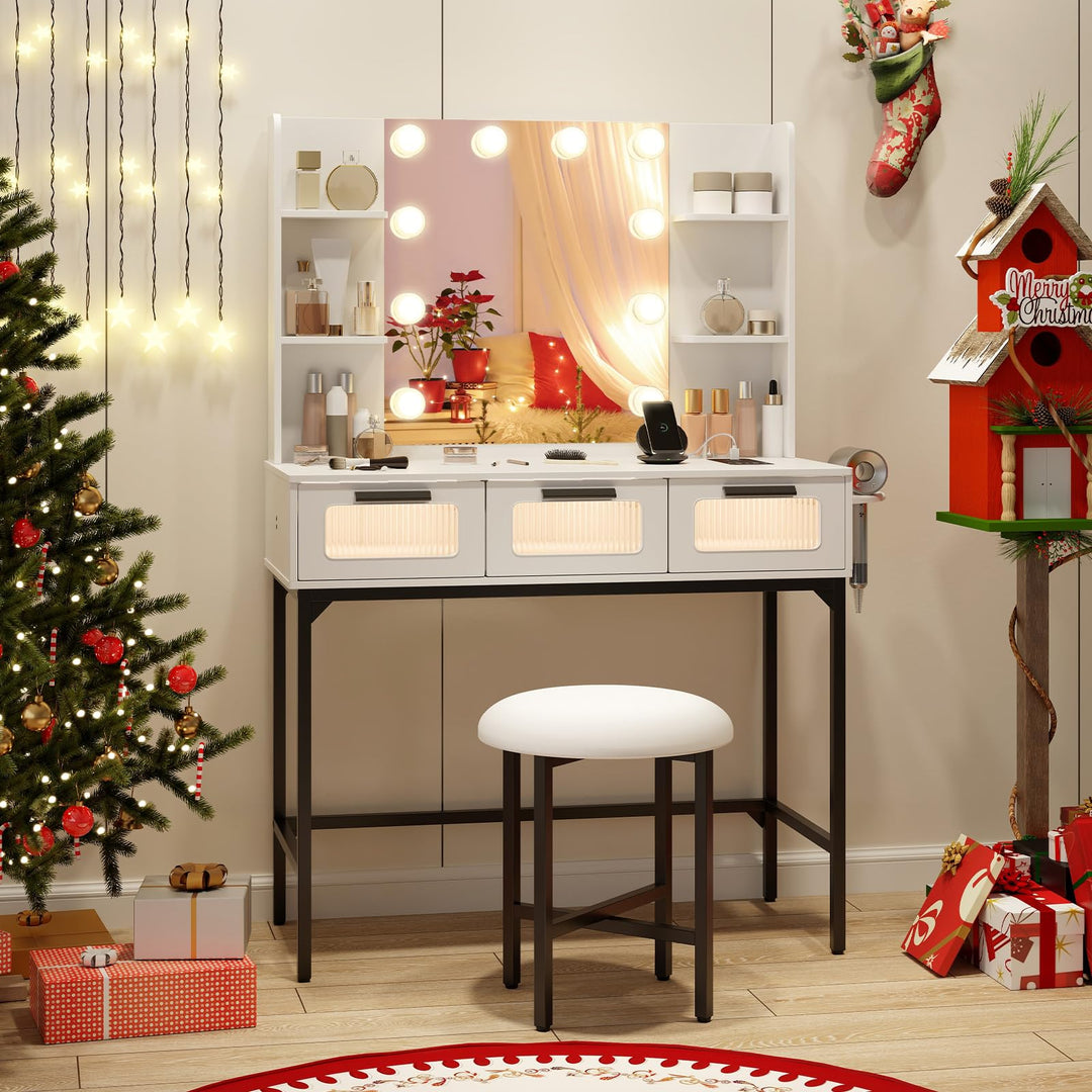 Vanity Desk with Mirror and Lights, White Makeup Vanity Desk with Charging Station