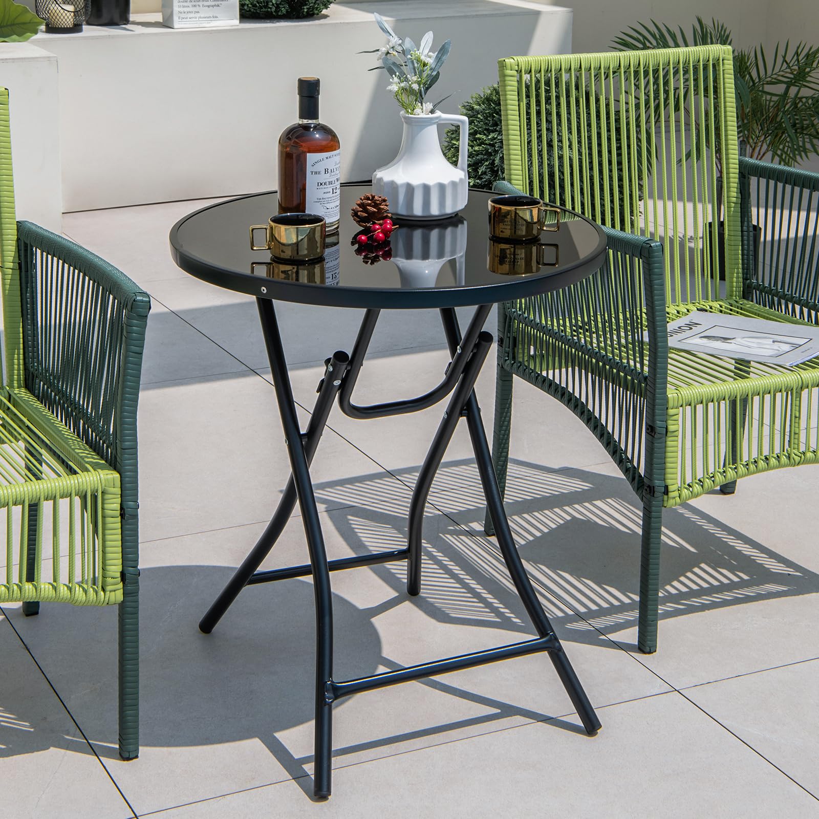 Giantex 23 Inch Round Bistro Table, Patio Folding Cocktail Table with Tempered Glass Tabletop