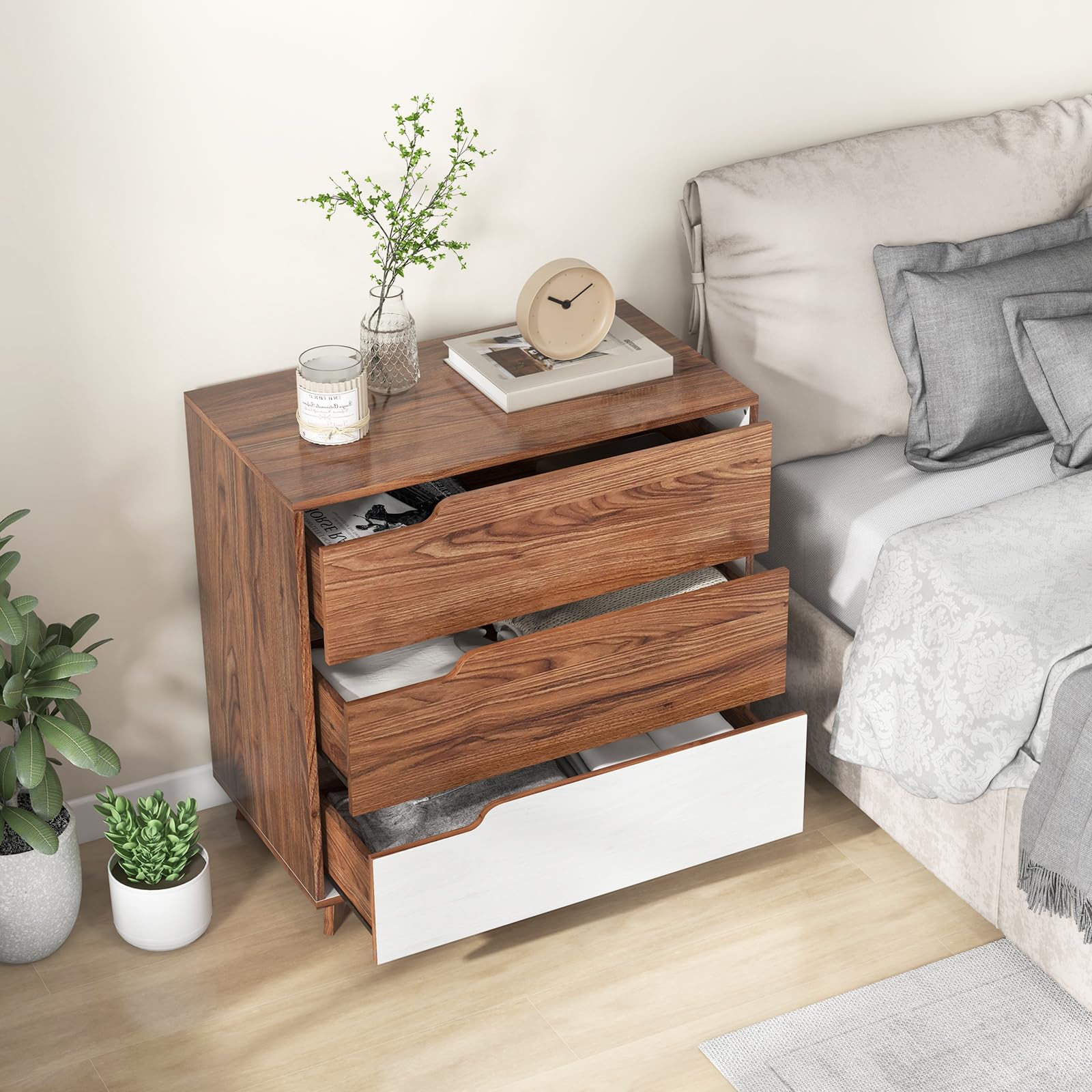 Giantex 3-Drawer Dresser for Bedroom - Small Chest of Drawers, Rustic Farmhouse Storage Cabinet, Walnut & White