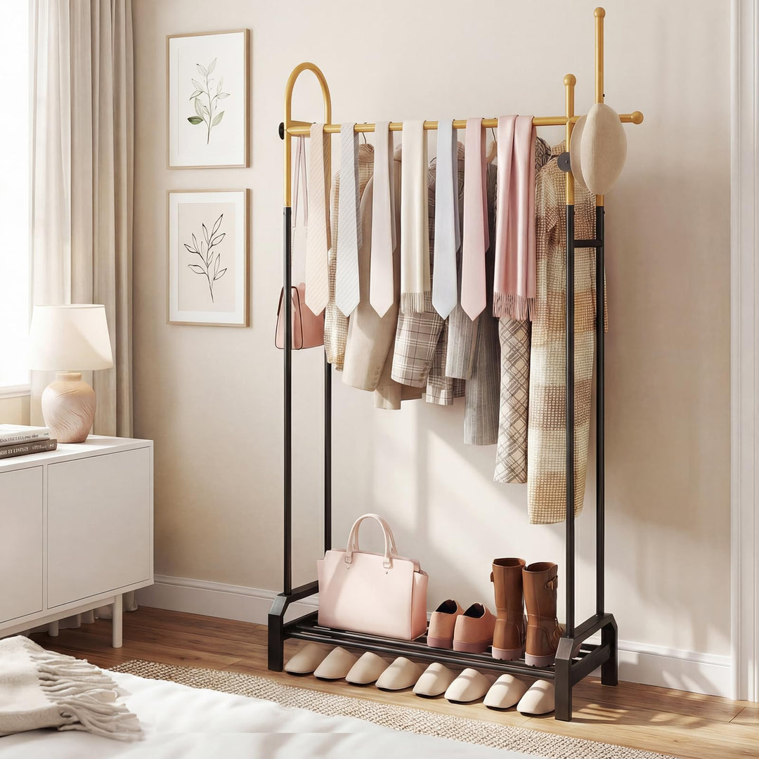 Giantex Double Rod Freestanding Clothes Rack with 5 Coat Hooks