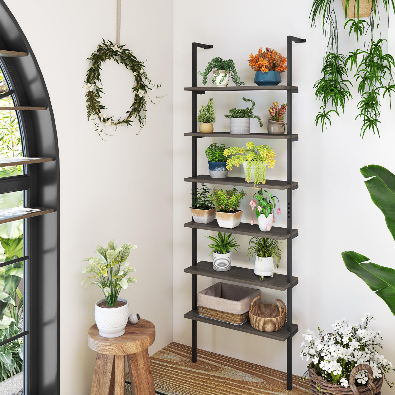 Giantex 6-Tier Ladder Shelf, 72" Wall Mounted Bookshelf with Metal Frame, Industrial Open Storage Shelves