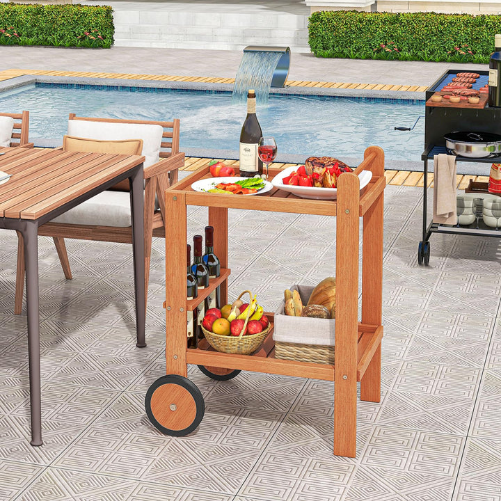 Giantex Wood Bar Cart, 2 Tier Side Table with Large Wheels & Wine Bottle Rack