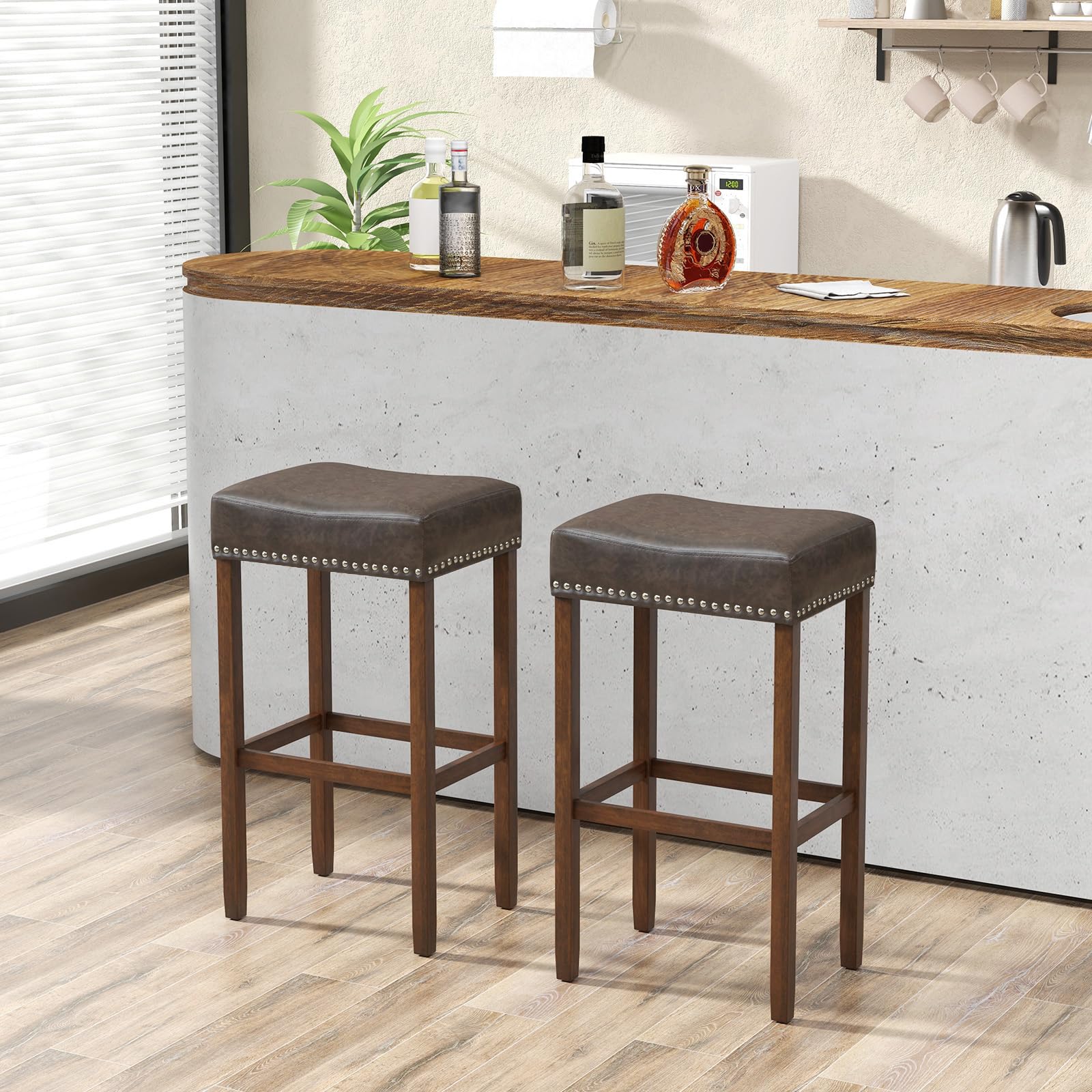 Giantex Bar Stools, Saddle-Shaped Kitchen Stools, PU Leather Bar Height Saddle Stools w/Footrests