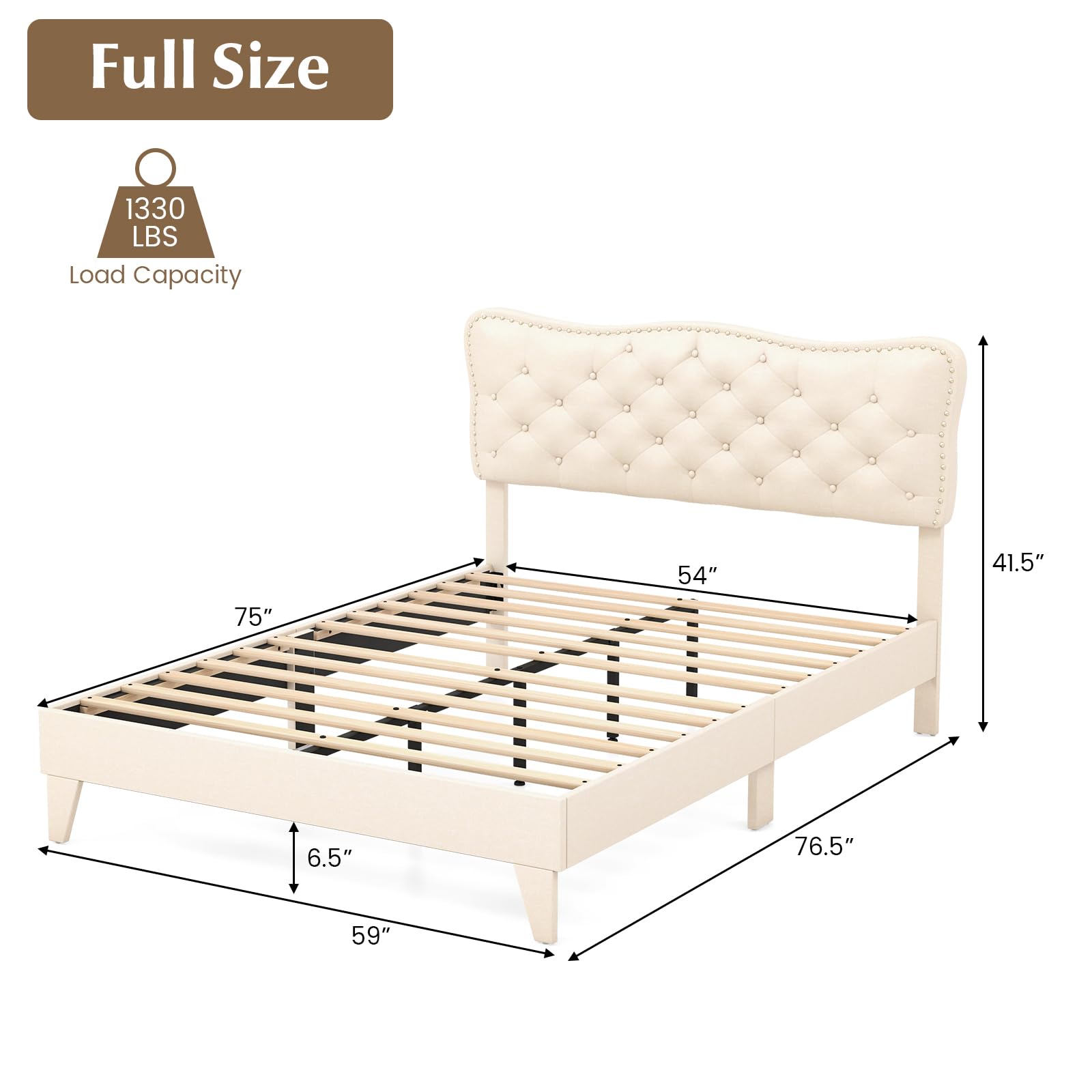 Giantex Full Size Bed Frame Beige, Linen Fabric Upholstered Platform Bed Frame with Nail Headboard