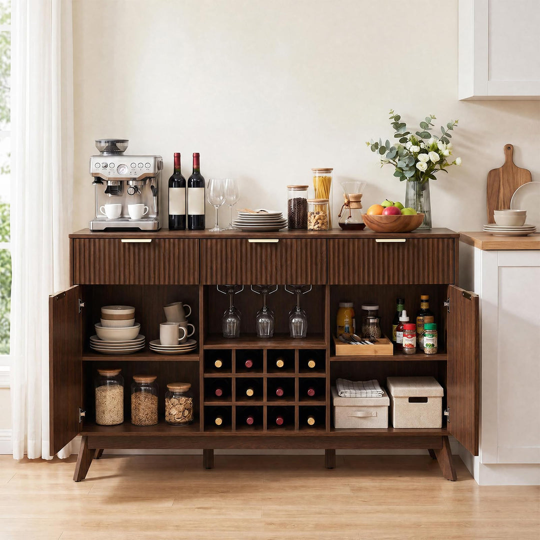 GIANTEX 60" Fluted Wine Bar Cabinet with 3 Stoarge Drawers &amp; Wine Rack Adjustable Shelves