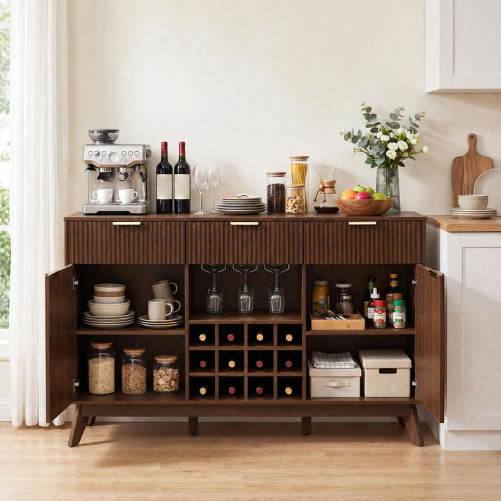 GIANTEX 60" Fluted Wine Bar Cabinet with 3 Stoarge Drawers &amp; Wine Rack Adjustable Shelves