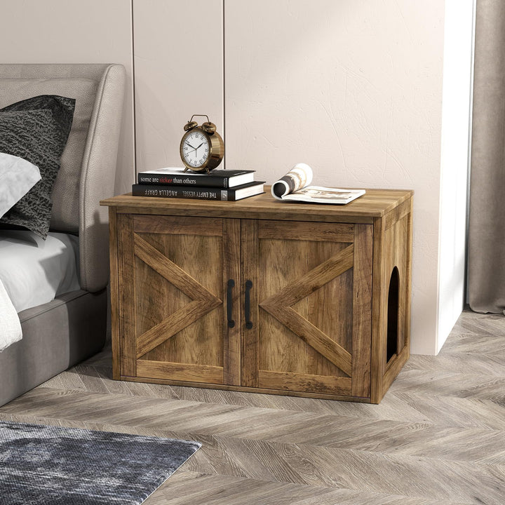 Giantex Cat Litter Box Enclosure - Flip Top Litter Box Hidden Furniture with Barn Door, Side Entrance