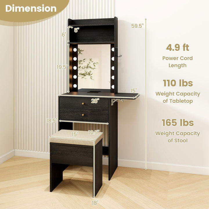 CHARMAID Compact Girls Vanity Desk 20-Inch Narrow Tall Makeup Table(With Stool)