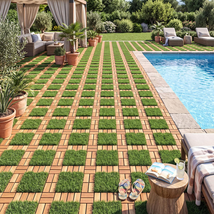GIANTEX 30 PCS Interlocking Acacia Wood &amp; Artificial Grass Deck Tiles with Drainage Base