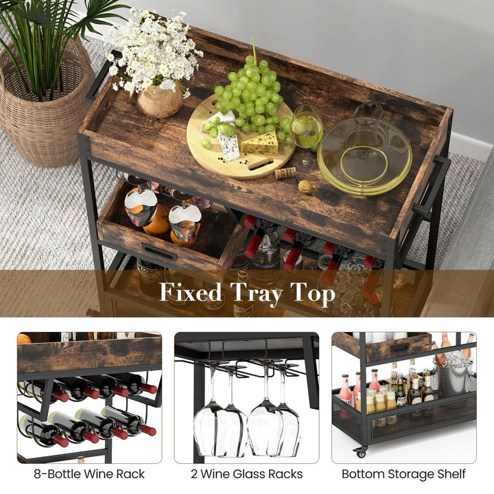 Giantex Rolling Bar Cart, 3-Tier Industrial Buffet Serving Cart with Wine Rack, Stemware Rack & Removable Tray