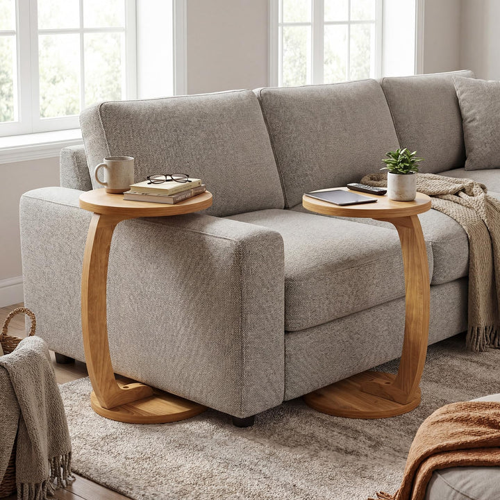 Giantex C-Shaped Round Side Table Set of 1/2 24" Solid Teak Wood