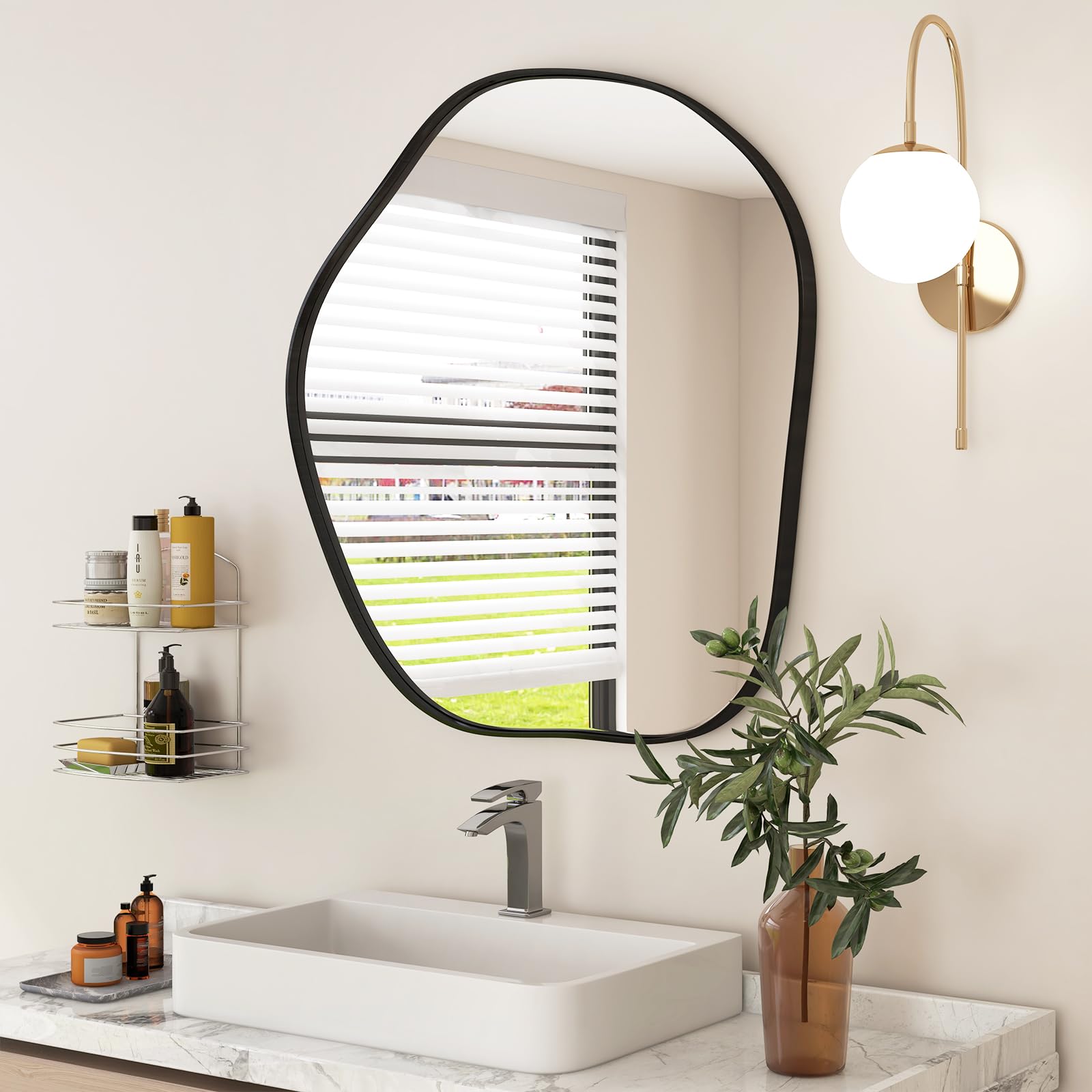 CHARMAID Irregular Wall Mirror, Asymmetrical Mirror Wall Mounted with Metal Frame and Wood Back Broad