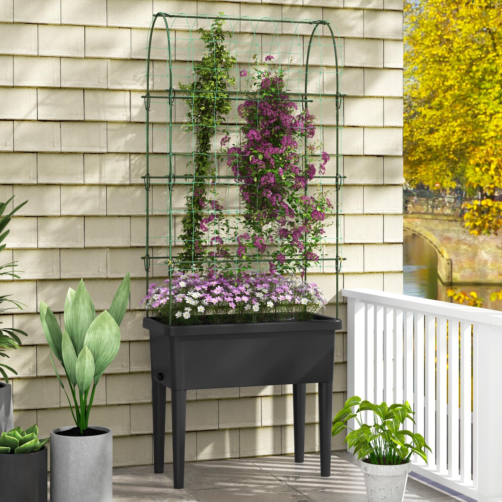 Giantex Raised Garden Bed with Climbing Trellis, Self-Watering Elevated Planter