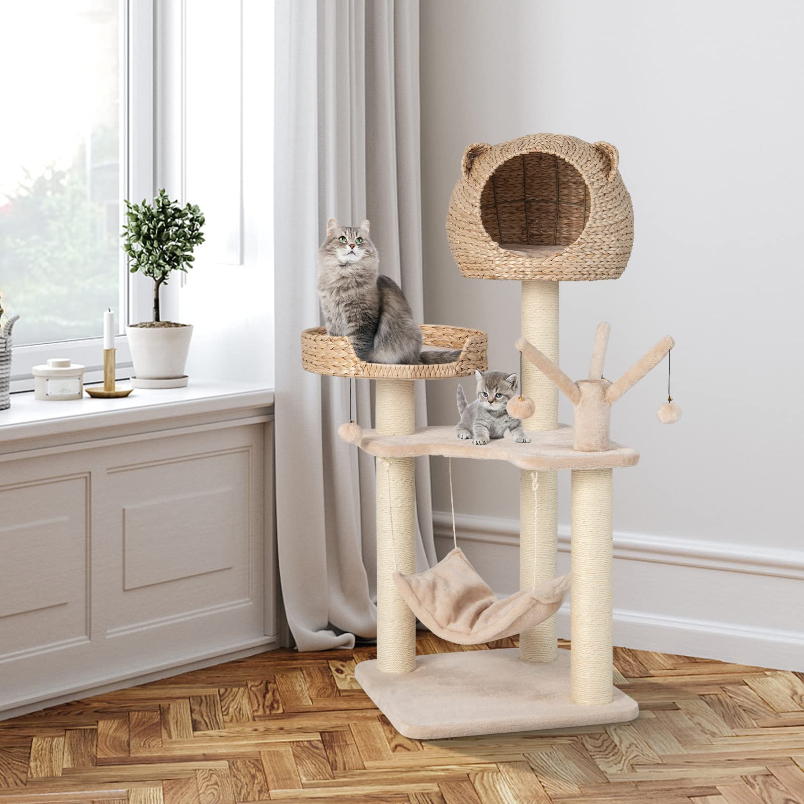 Giantex Wooden Cat Tree, 48 inches Cat Tower with Cattail Condo, Cat Bed, Hammock, Rotatable Jingling Balls