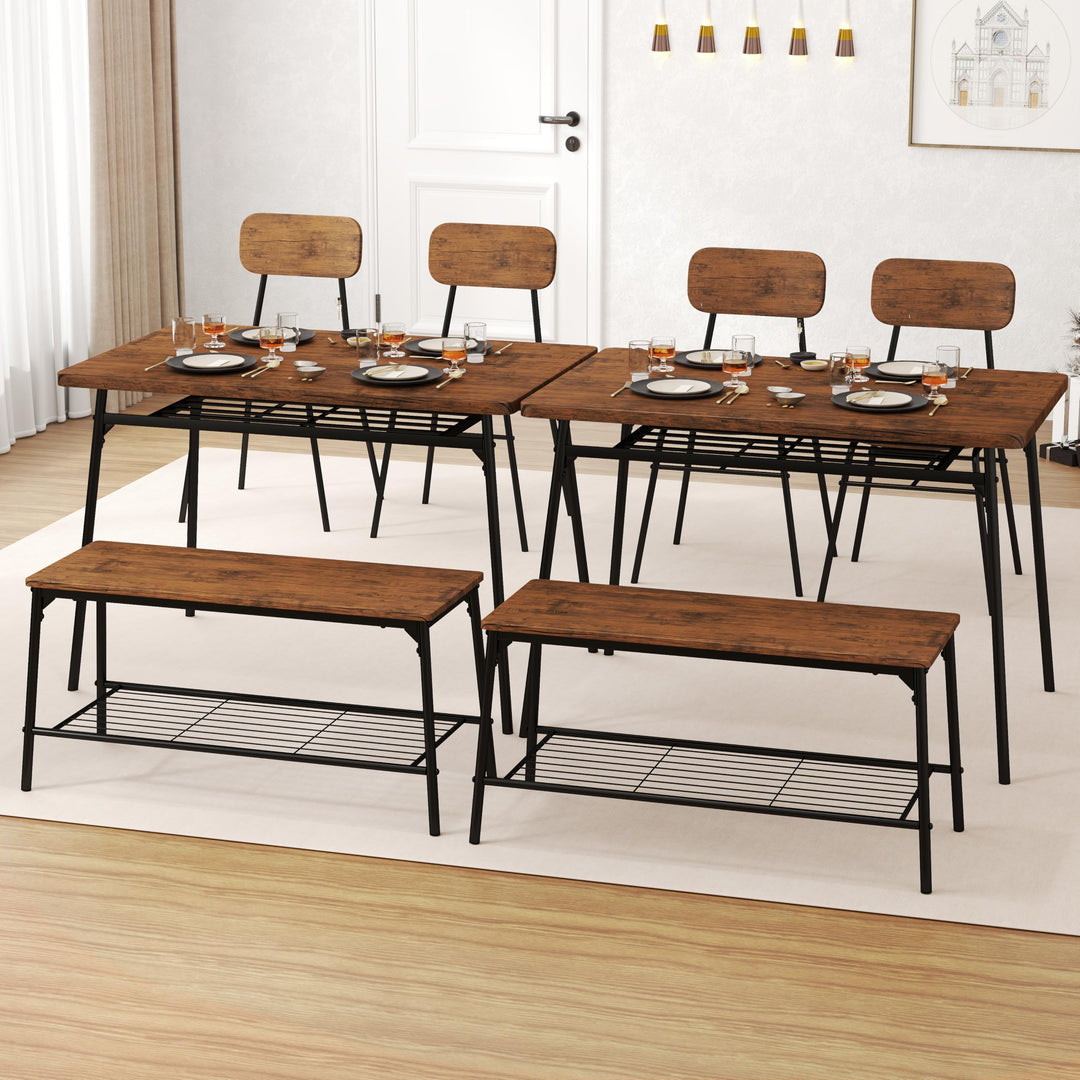 Giantex Dining Table Set for 4, Kitchen Table with Bench & 2 Chairs, Storage & Metal Frame