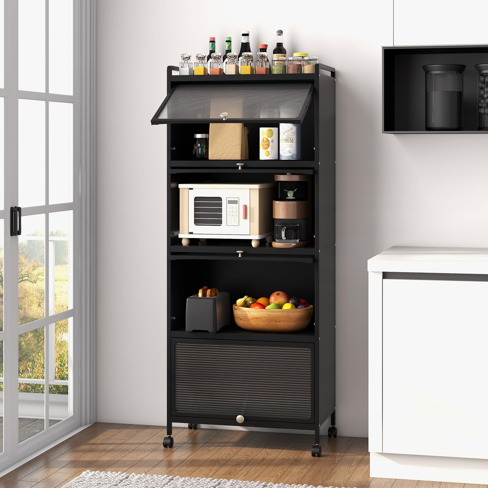 Giantex 5-Tier Kitchen Storage Cabinet, Mobile Microwave Stand with Flip-up PC Doors
