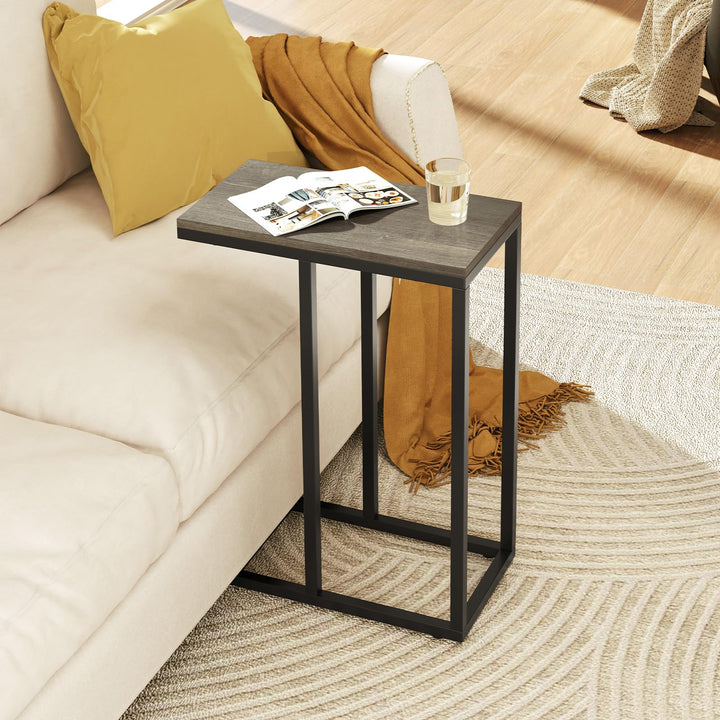 Giantex C Shaped End Table, Small Side Table for Sofa, Couch Table That Slide Under with Metal Frame