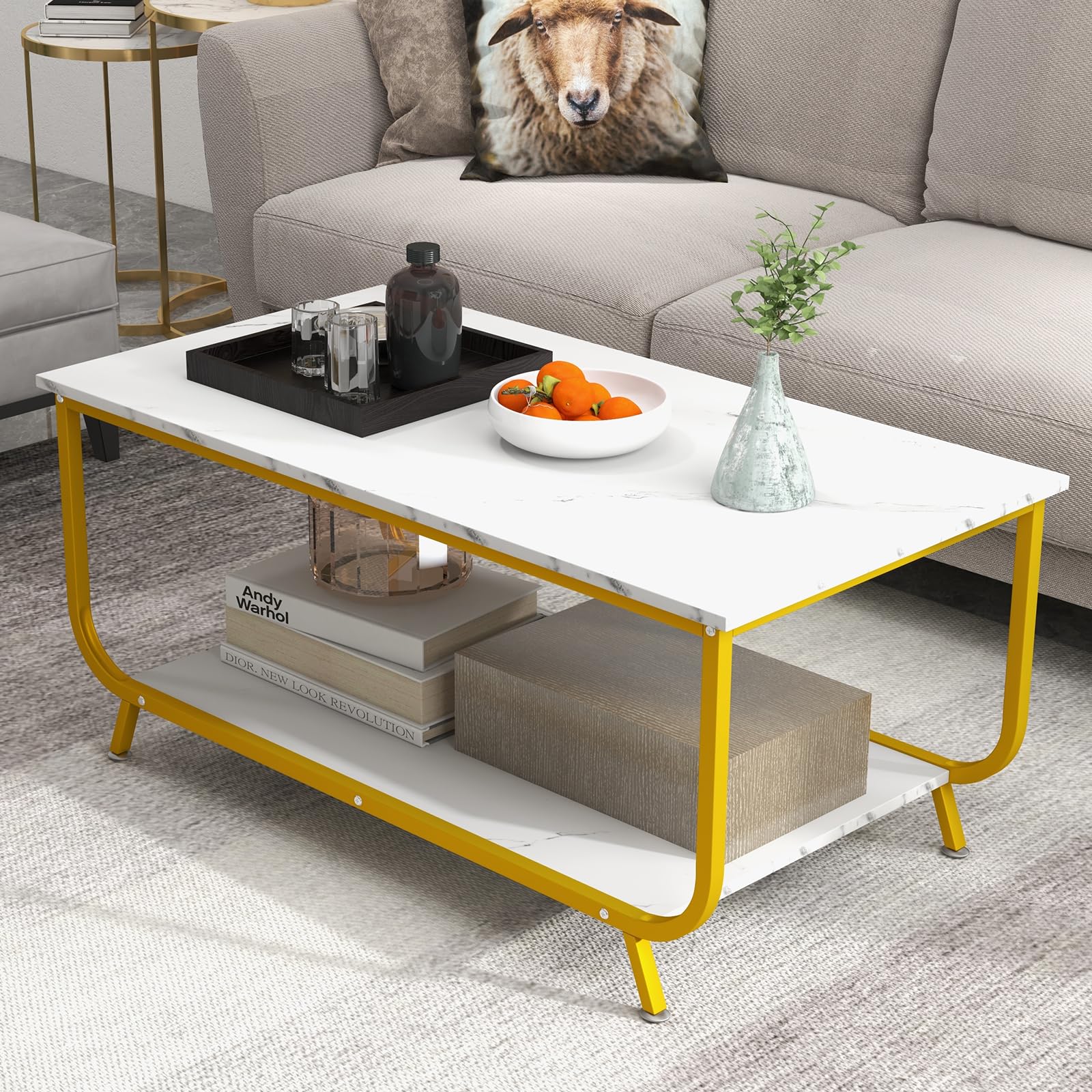 Giantex Marble Coffee Table, 42’’ Modern Faux Marble Top Coffee Table with Metal Frame
