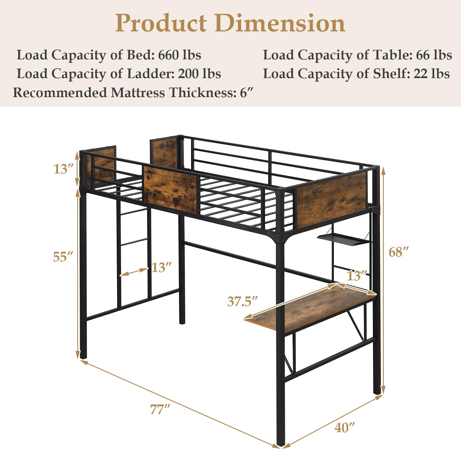Giantex Metal Twin Loft Bed with Desk and Storage Shelf