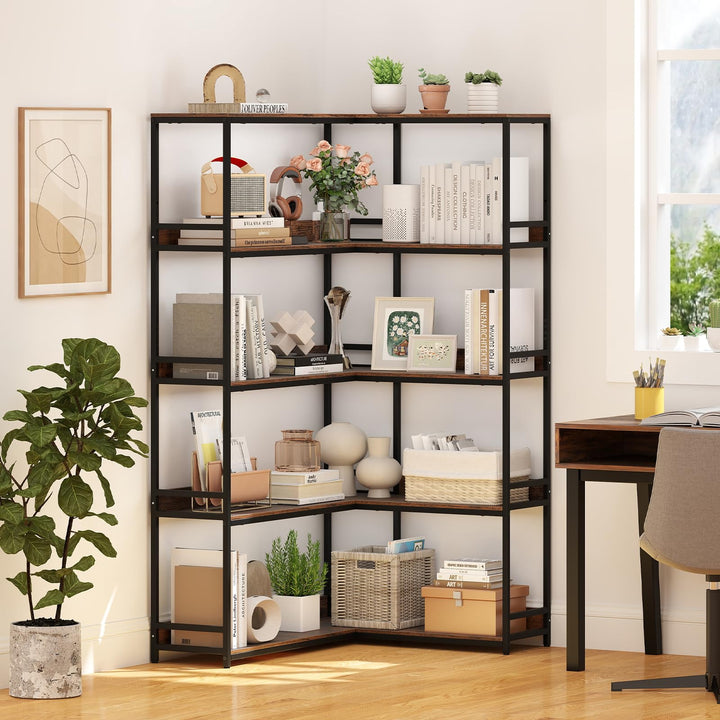 Giantex 5 Tier Corner Bookshelf with Metal Frame for Living Room