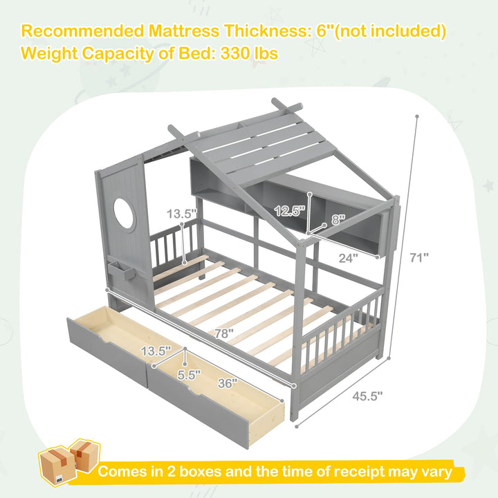 Giantex Twin House Bed with 2 Storage Drawers, Kids Bed Frame with Storage Cubes, Montessori Bed with Fence Guardrails & Roof