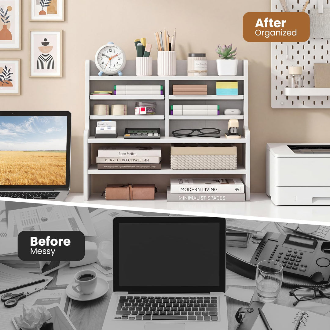 Giantex Desk Organizer | Wooden 6 Tier Storage Rack with 2 Removable Shelves