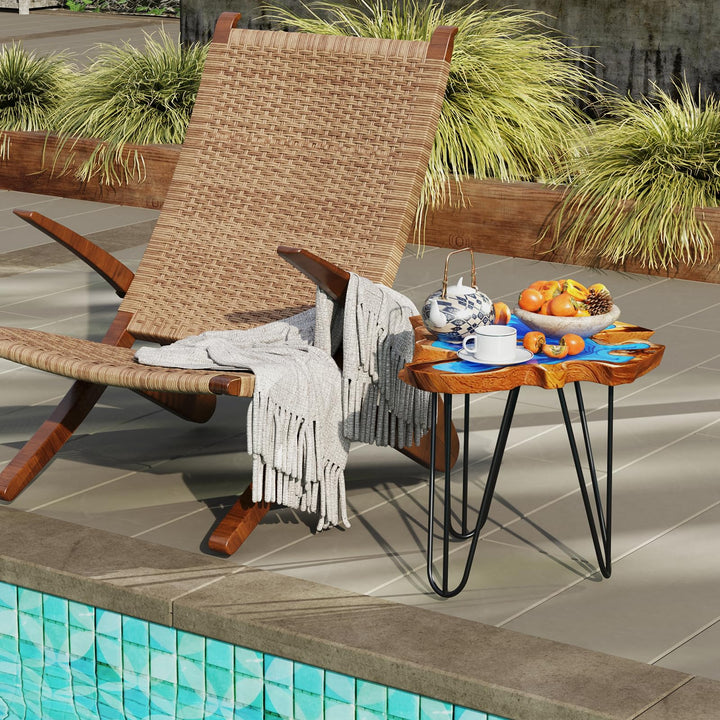 Giantex 21” Teak Wood Outdoor Side Table - Epoxy Resin End Table with Irregular Tabletop
