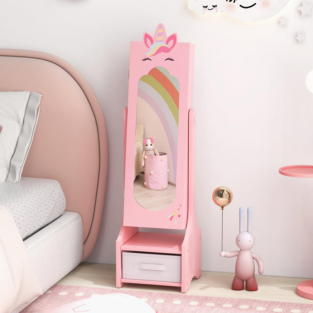 CHARMAID Kids Mirror Jewelry Cabinet - 45.5" Standing Jewelry Armoire with Full Length Mirror