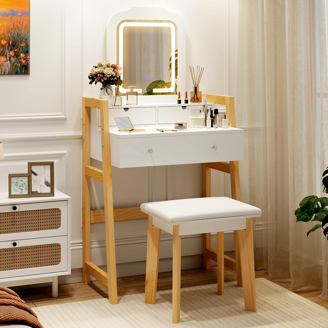Small Vanity Desk with Mirror and Lights, White Makeup Vanity Desk with 3 Drawers