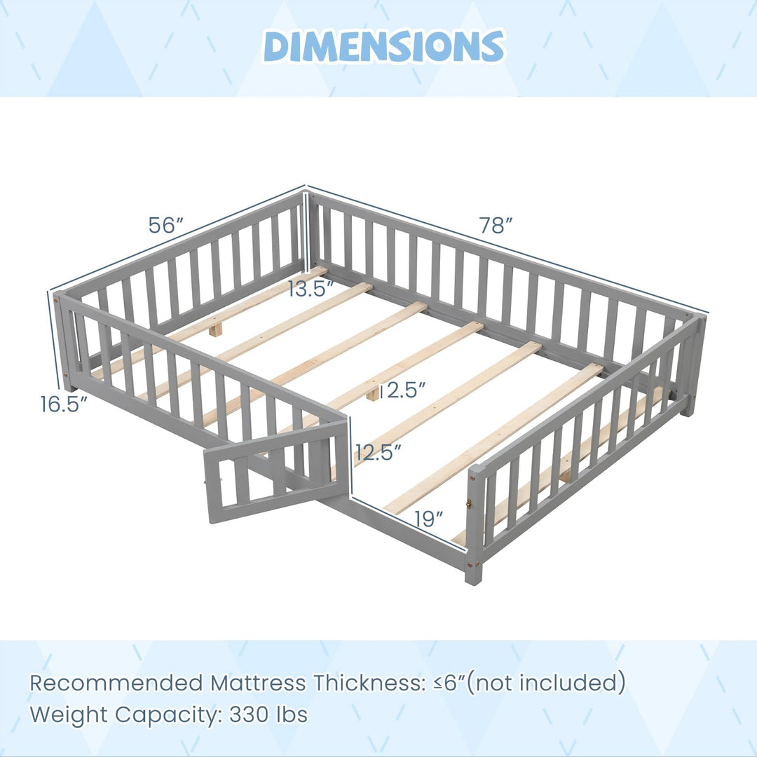 Giantex Full Size Floor Bed for Kids, Montessori Floor Bed with Wood Slats & Safety Guardrails
