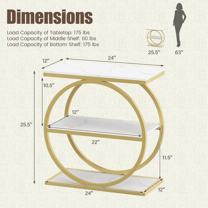 GIANTEX 3-Tier Faux Marble Narrow End Table with Storage &amp; Gold Geometric Metal Frame (1/2)