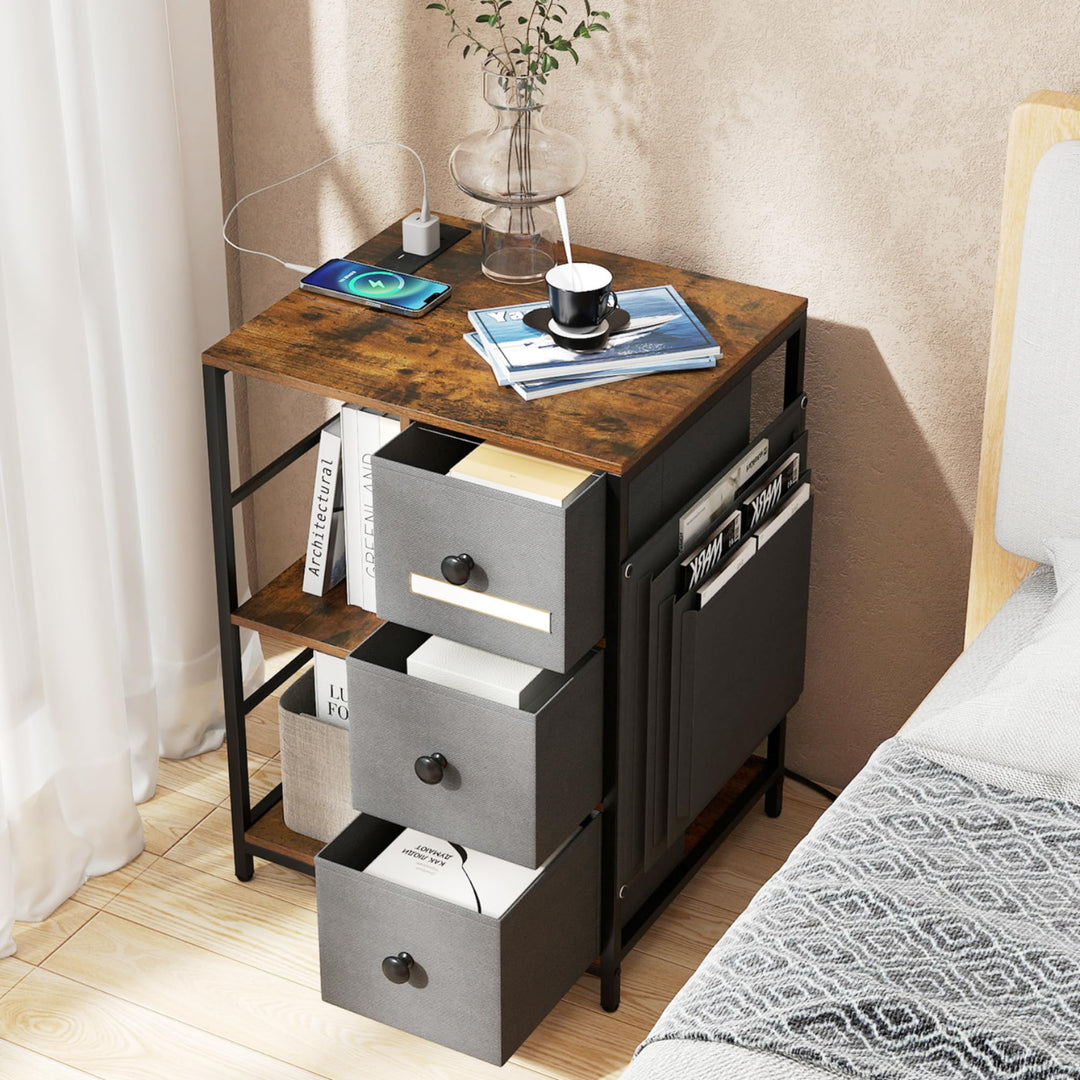 Giantex Industrial Nightstand with Charging Station - End Side Table w/3 Fabric Drawers