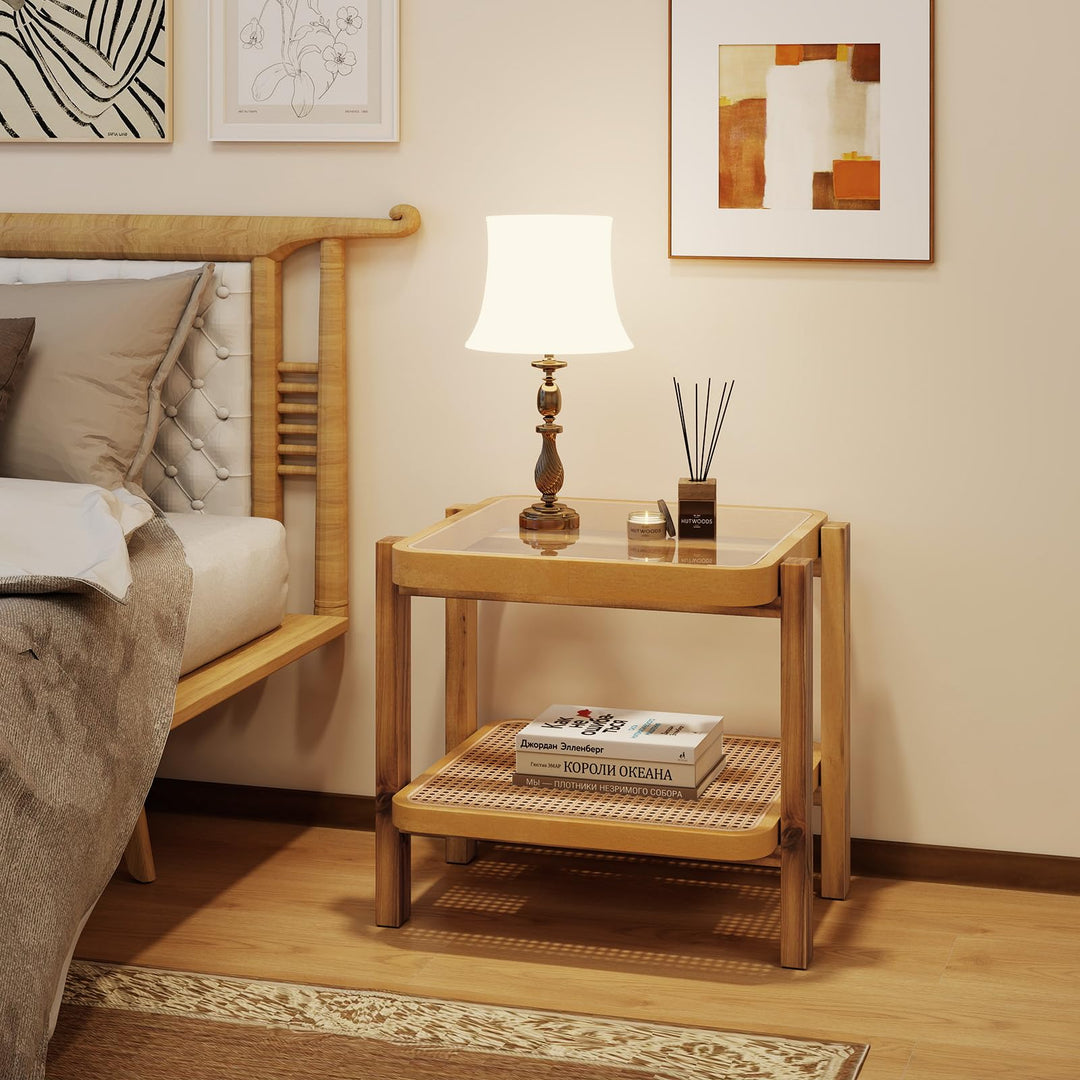 Giantex Rattan Side Table, Boho End Table for Living Room, Narrow Bedside Table with Tempered Glass Top