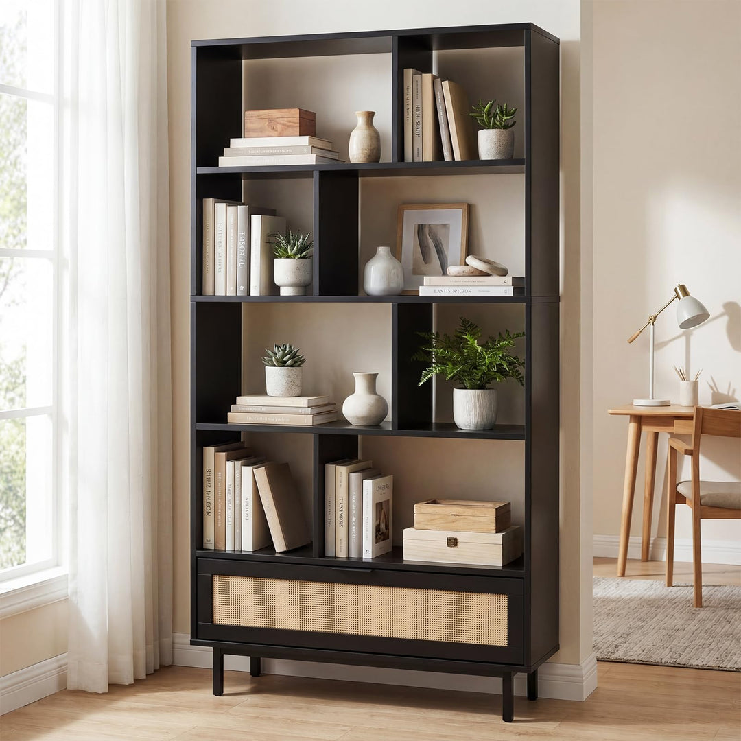 Giantex 64" Tall 6-Tier Wood Bookshelf with Rattan Drawer